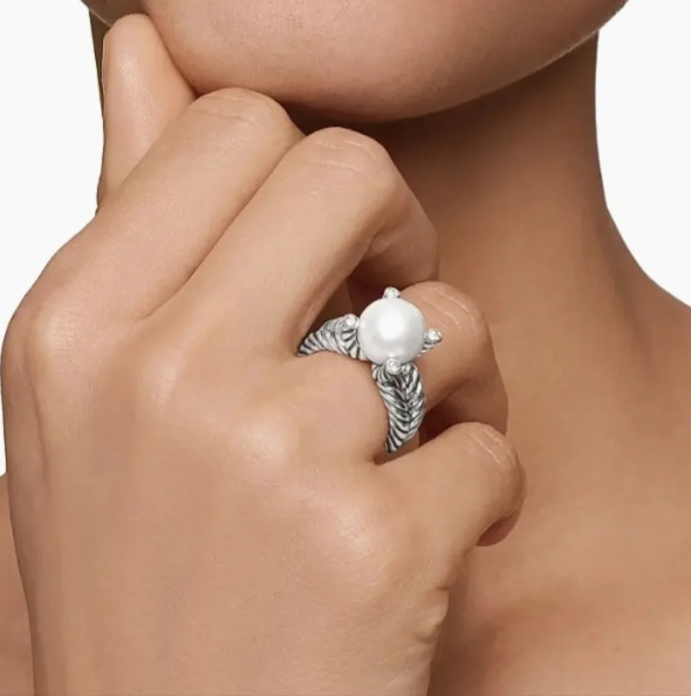 David Yurman Sterling Silver Pearl Ring With Diamonds - Picture 10 of 10